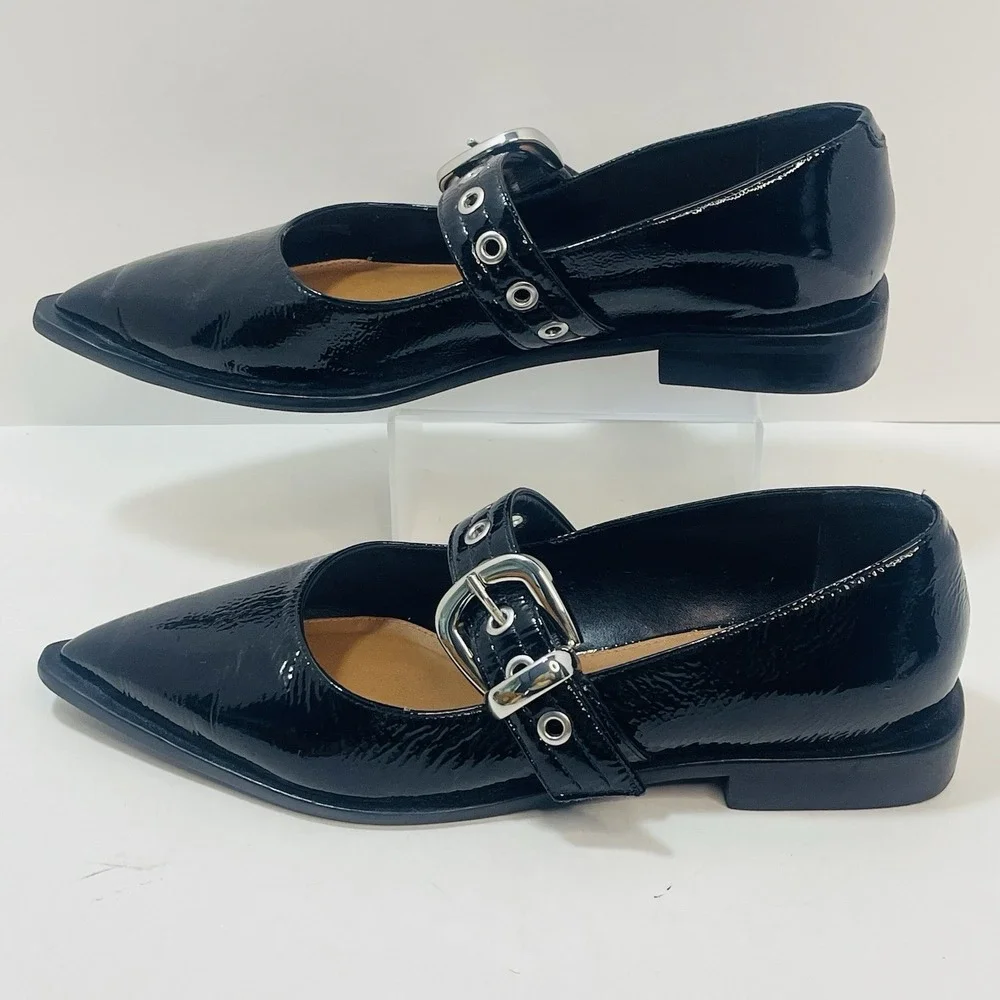 Maeve Pointed-Toe‎ Moto Mary Jane Flats Black Patent Leather – Size 40  US 9-9.5